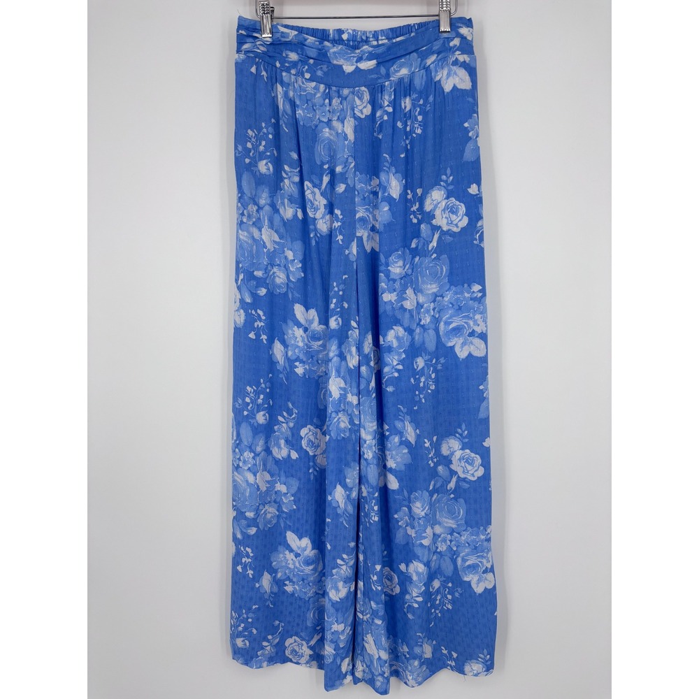 Laura Ashley Wide Leg Floral Pants Womens S Blue Rayon Boho Cottagecore Palazzo